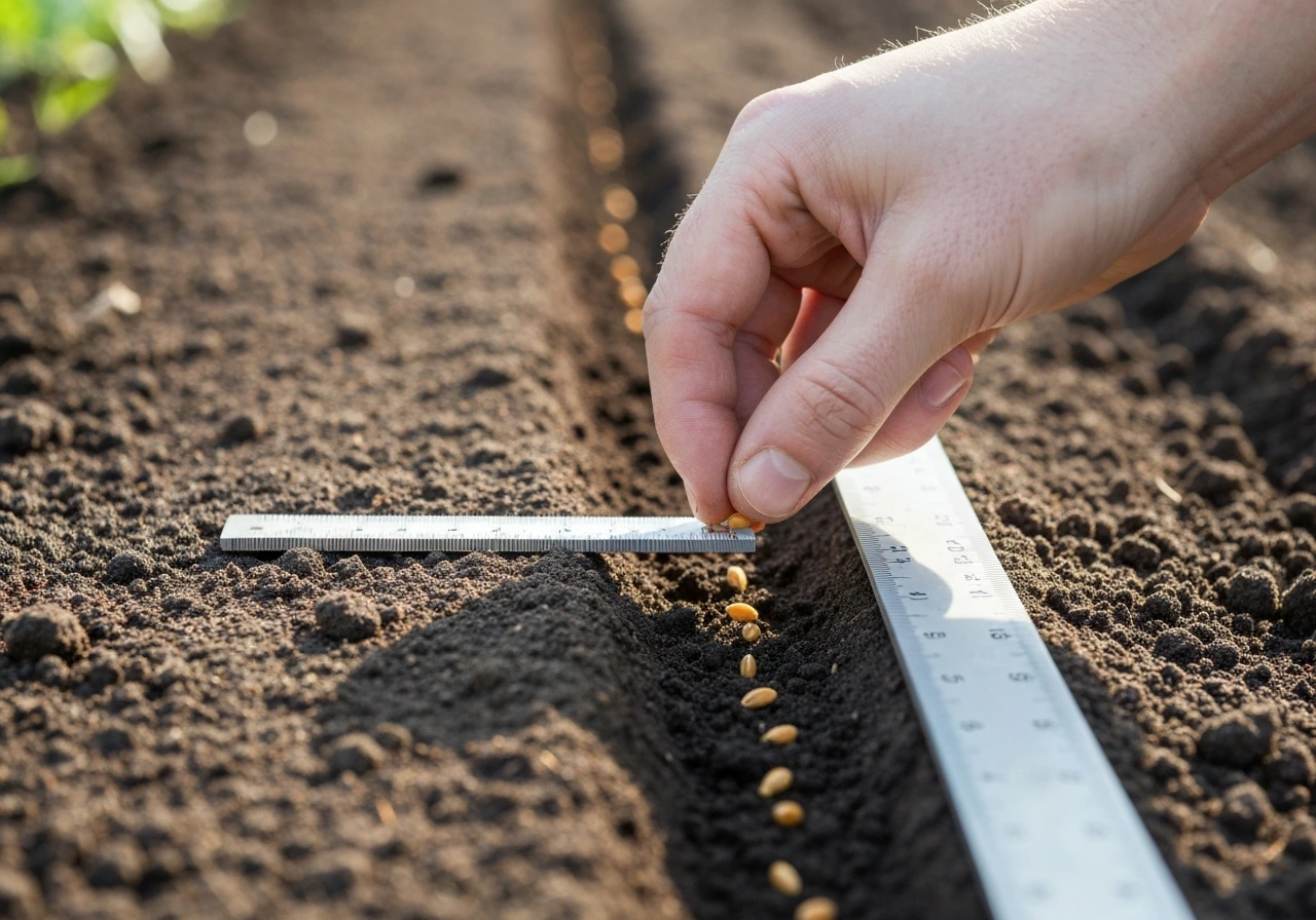 Close-up of tiny seeds being placed shallowly on lightly firmed soil in a garden bed with a hand depth reference.