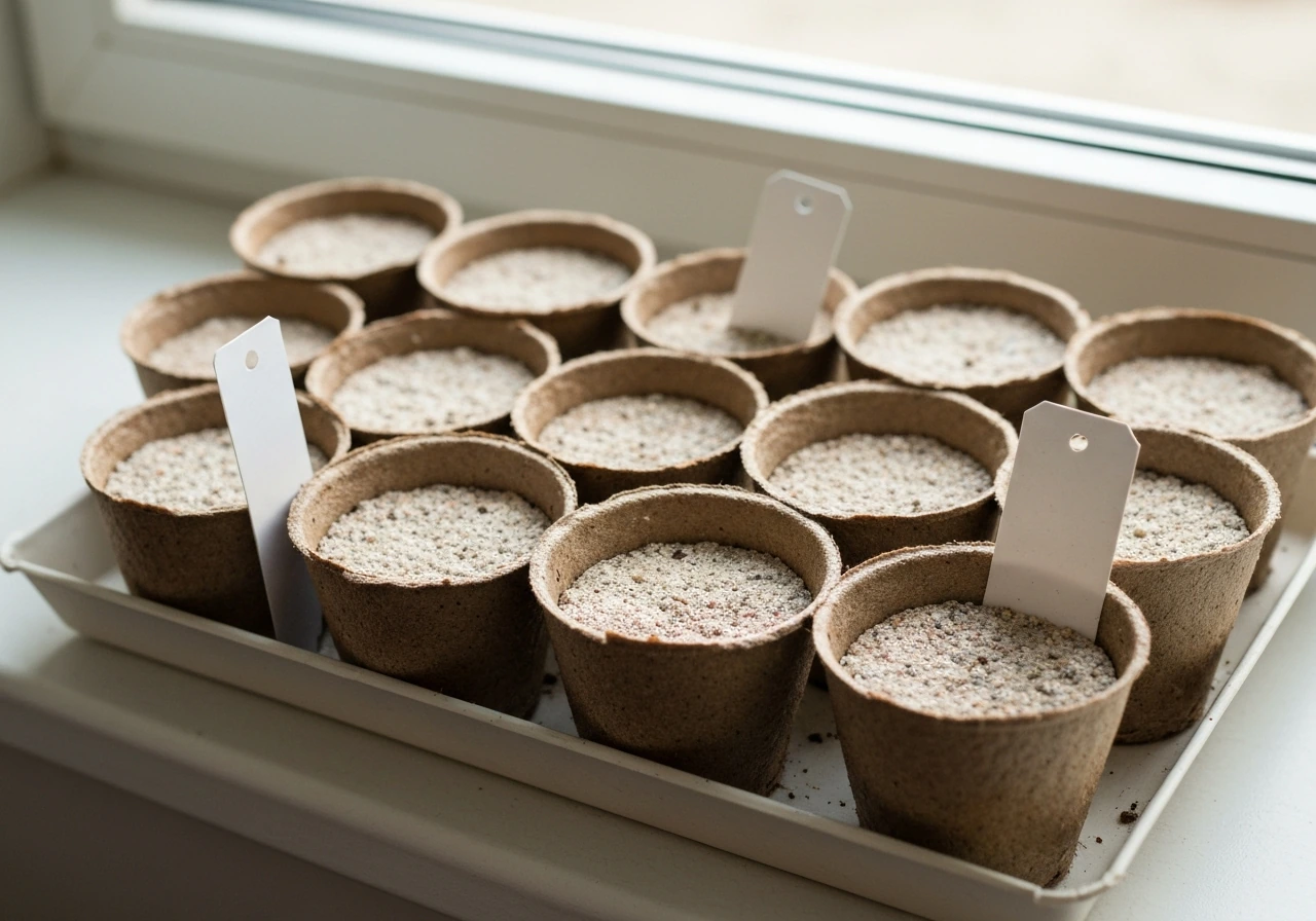 Deep biodegradable seed-starting pots with light seed-starting mix on a sunny windowsill, blurred background.