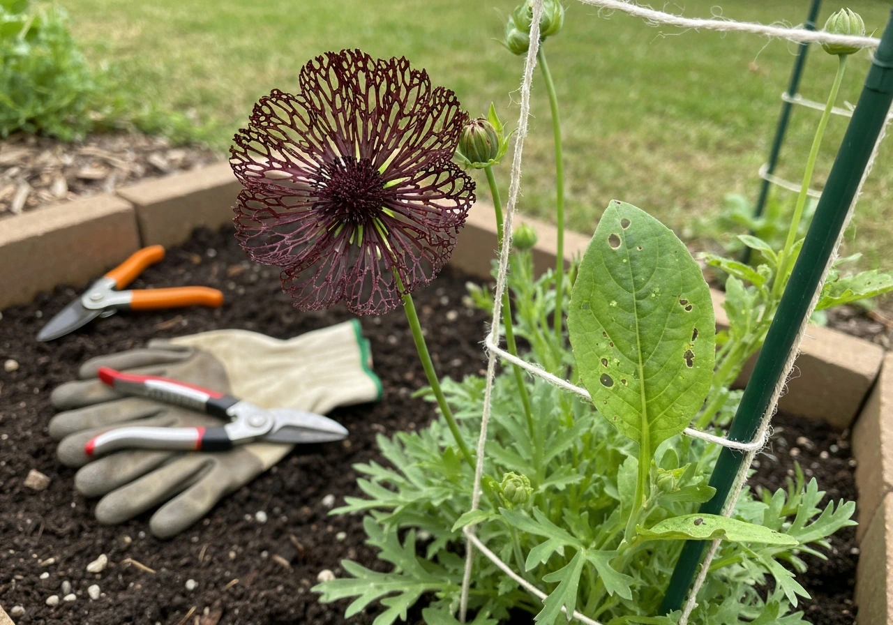 Chocolate lace flower in mid-bloom, staked stems with pruners and a quick pest check on nearby leaves.