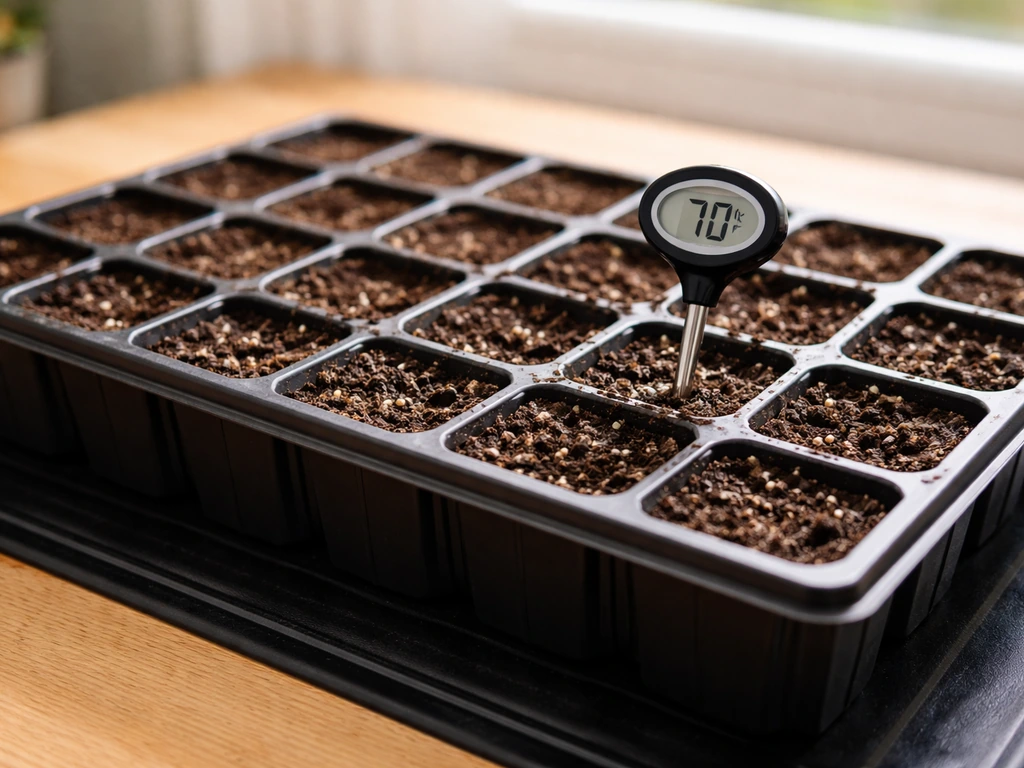 Close-up of a seed tray on a heat mat with a soil thermometer reading about 70°F.