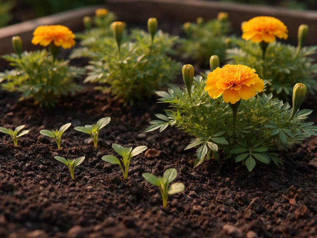 Vibrant marigold plants with buds and flowers in a small garden bed, sunlight and healthy green leaves.