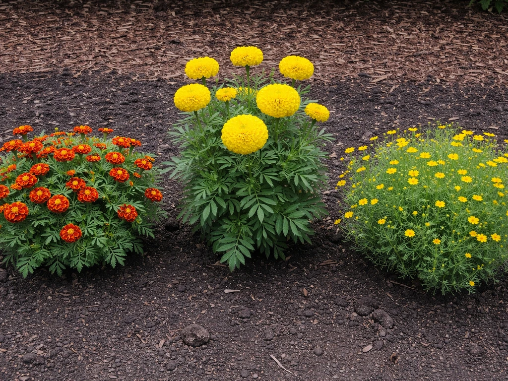 Three marigold types side-by-side showing different heights and bloom shapes in a garden bed.