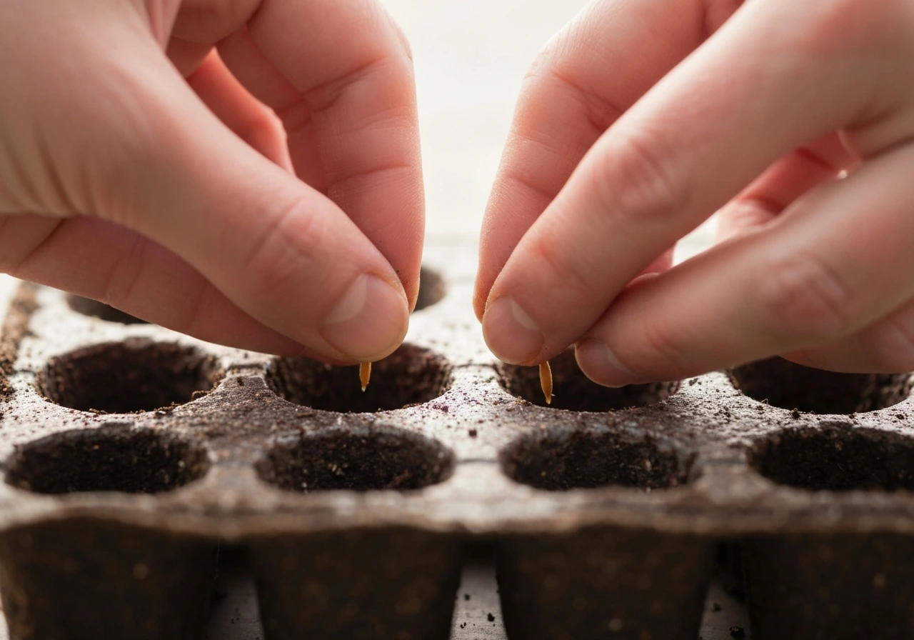 Close-up of hands placing marigold seeds at correct depth and spacing in a small seed tray.