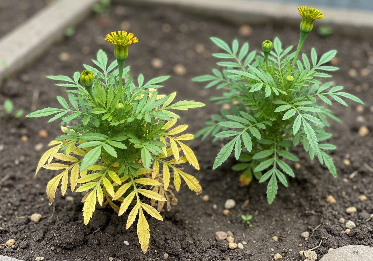 Two nearby marigold plants showing lower-leaf yellowing next to a healthy green marigold.