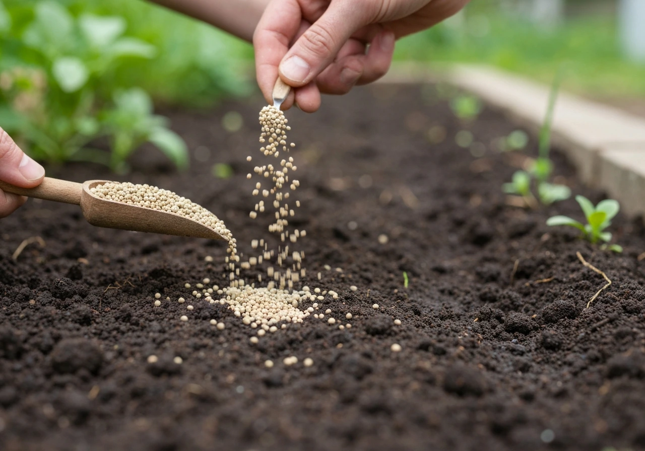 Hand sprinkling balanced fertilizer granules into the topsoil of a garden bed at planting