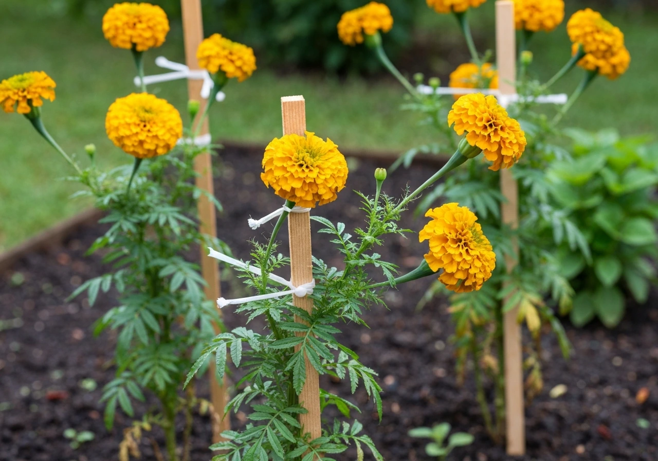 Staked tall African marigold plants in bloom with ties supporting stems as heavy flower heads sag slightly.