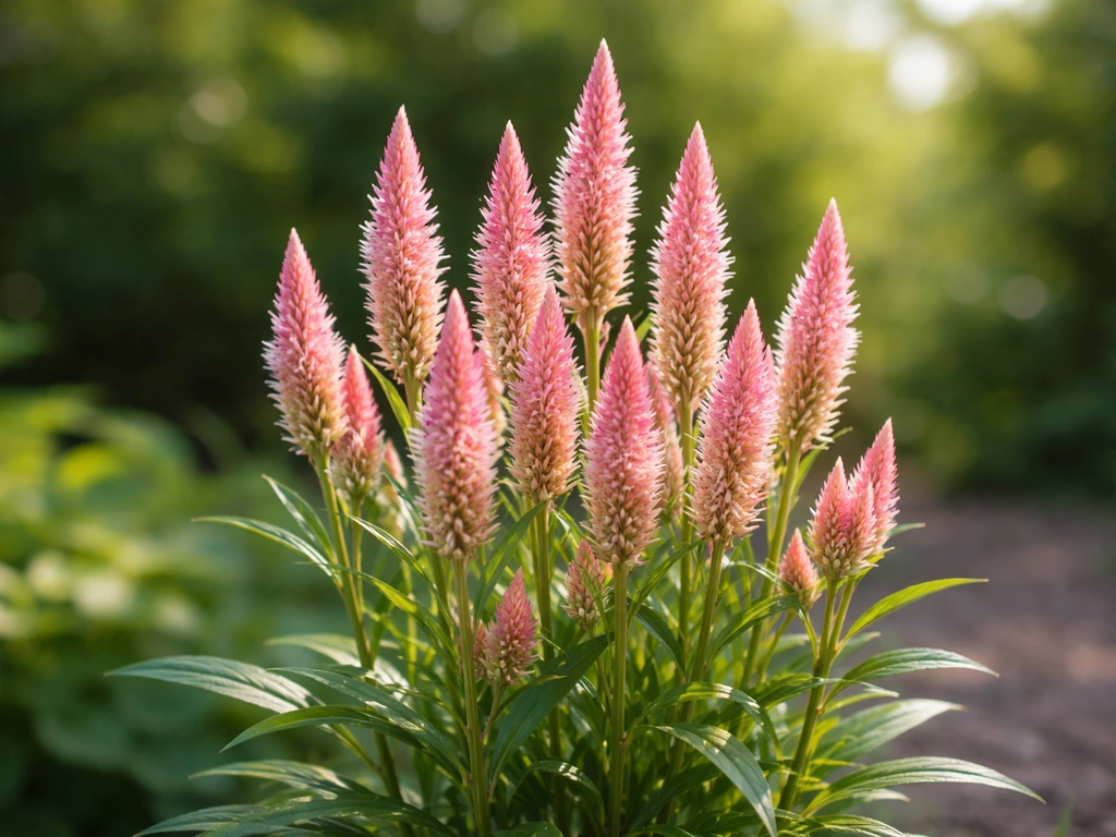 Vibrant Flamingo Feather celosia plumes blooming in a sunlit garden bed