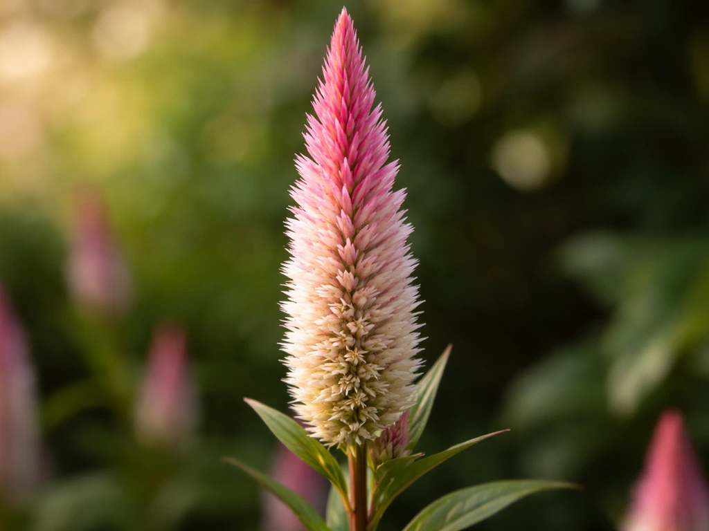 Close-up of upright Flamingo Feather celosia plumes with warm pink featherlike texture