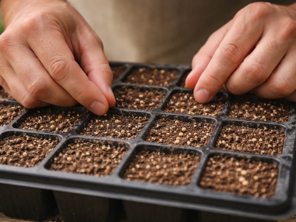 Close-up of a seed tray filled with fine mix, with seeds just placed by hand.
