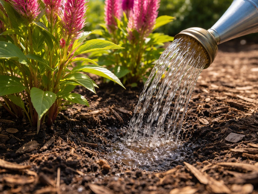 Celosia plants in bright sun while water drips at the soil line into the base of the plant.
