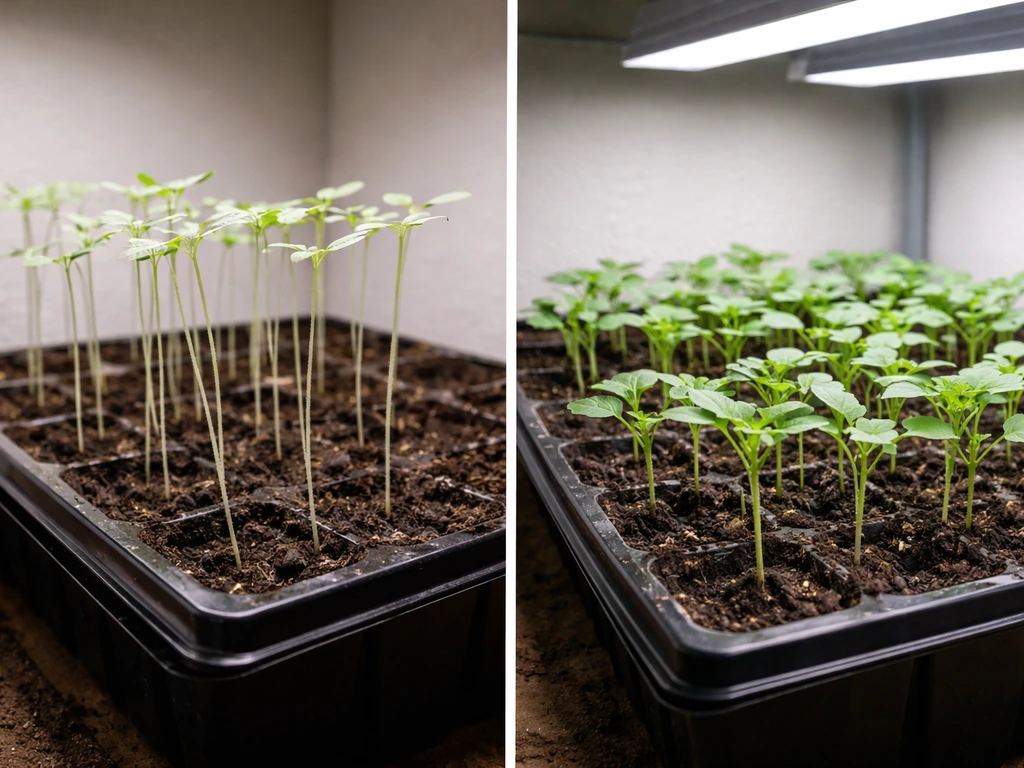 Split photo: leggy stretched seedlings on one tray and compact well-lit seedlings on another