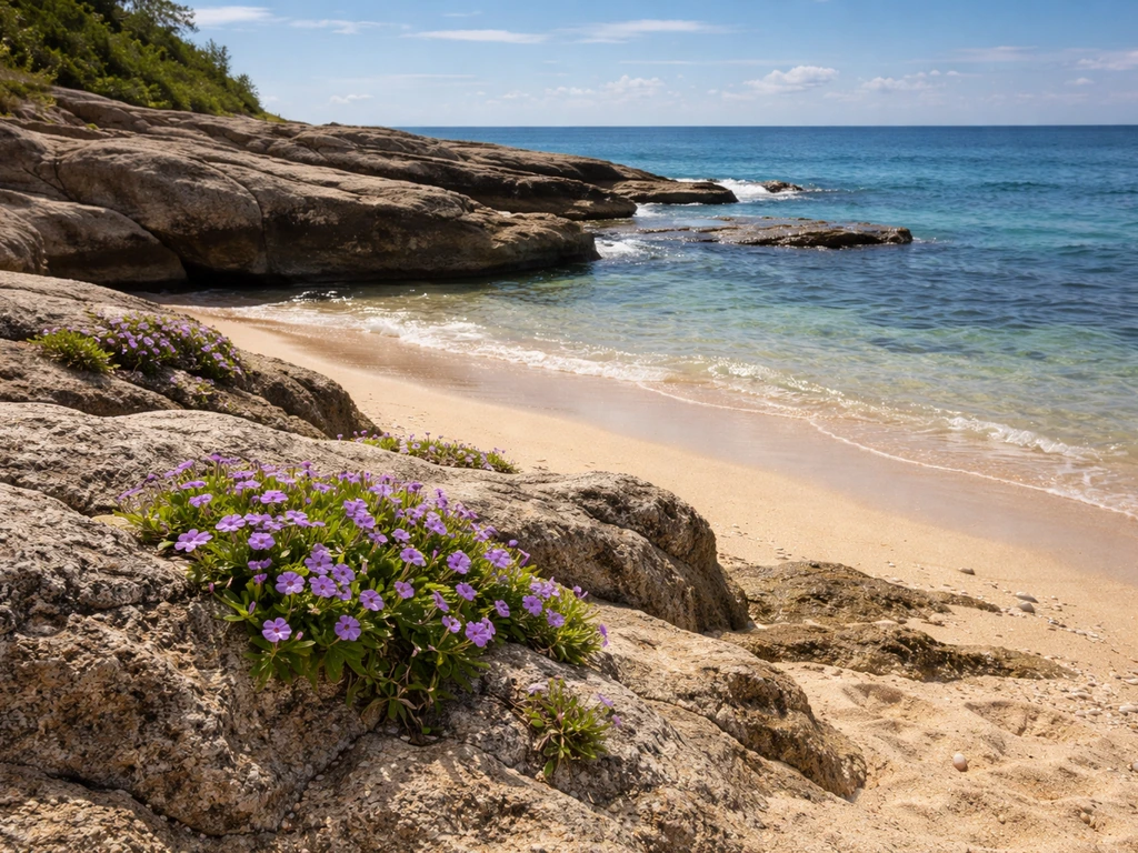 Rocky coastal ledges and sandy edge with small periwinkle-like flowers in natural seaside habitat.