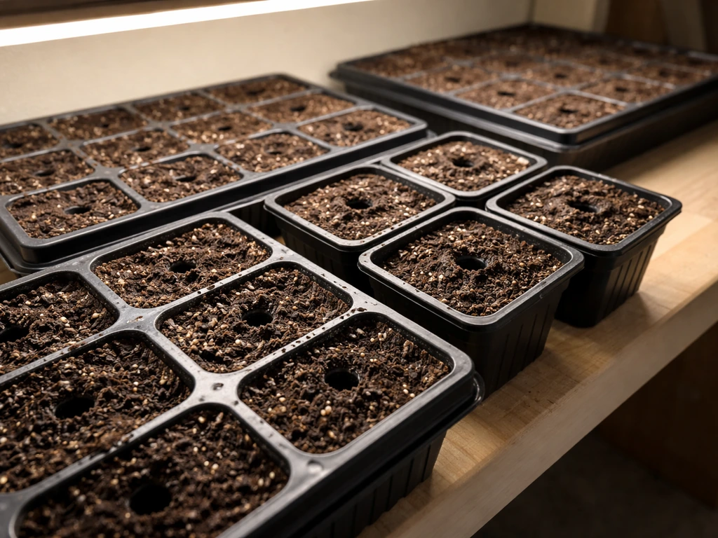 Seed-starting cell trays with sterile mix under warm grow lights in a simple indoor setup.