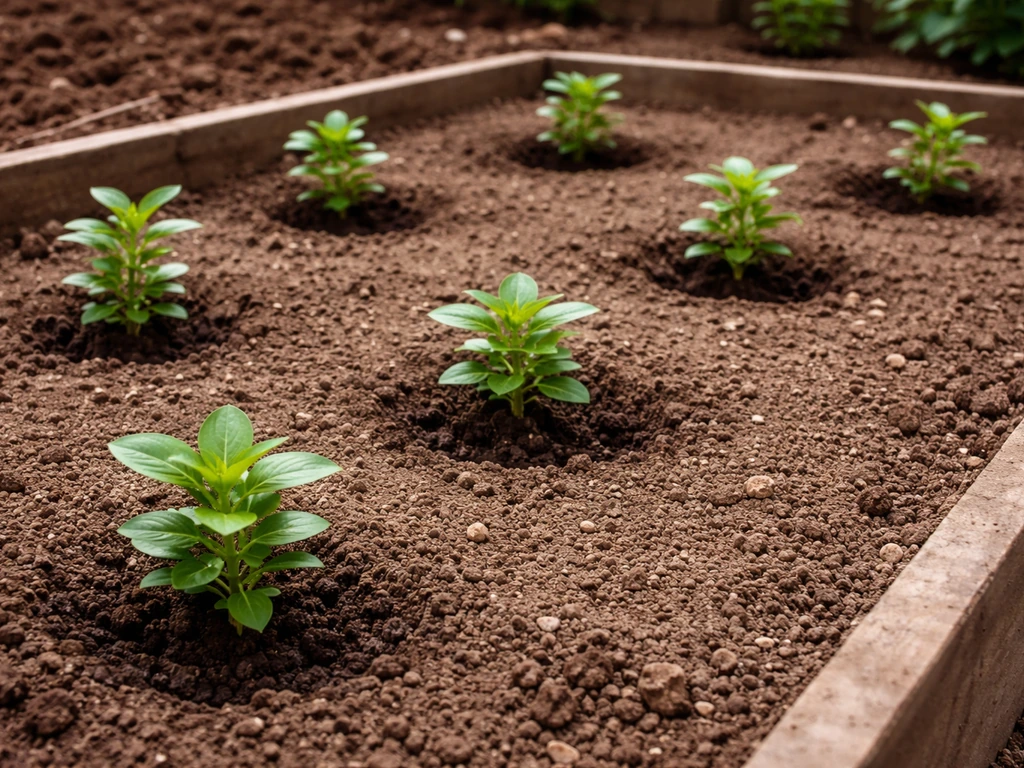 Young Madagascar periwinkle seedlings planted in a well-drained garden bed with even spacing.