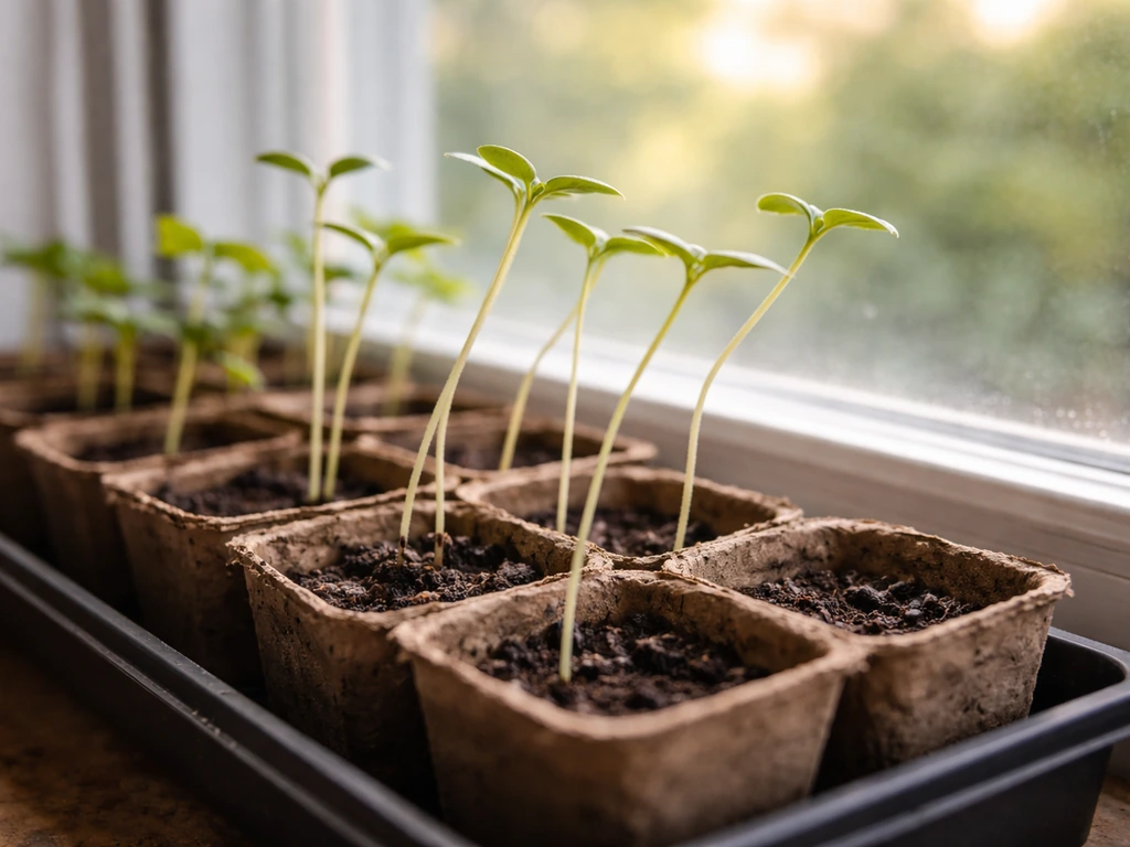 Leggy seedlings in small pots reaching toward a bright window, with a few sturdier seedlings nearby.