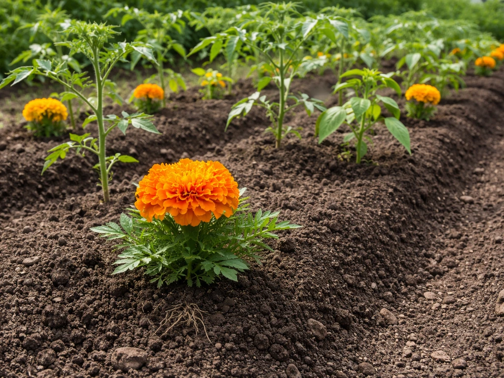 Marigolds planted beside healthy tomato and pepper plants in a vegetable bed with detailed soil texture.