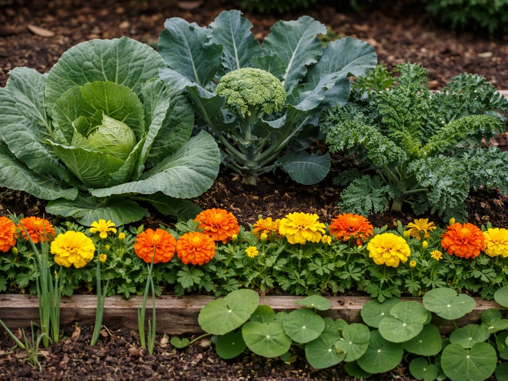 Garden-level view of cabbage, broccoli, and kale bordered by marigolds with a hint of onion and nasturtium.