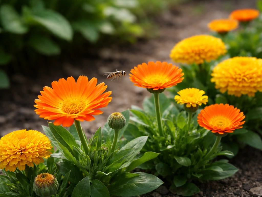 Orange calendula and marigolds in a small garden border with a hoverfly near a bloom.