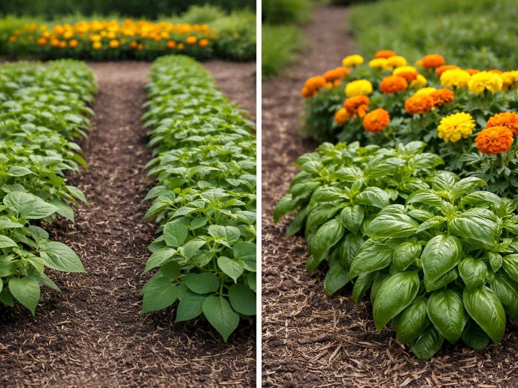 Garden bed comparison showing beans kept away from marigolds versus marigolds with a compatible companion.