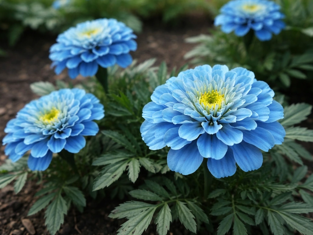 Close-up of cool-toned blue-leaning marigold blooms with green foliage in a garden bed