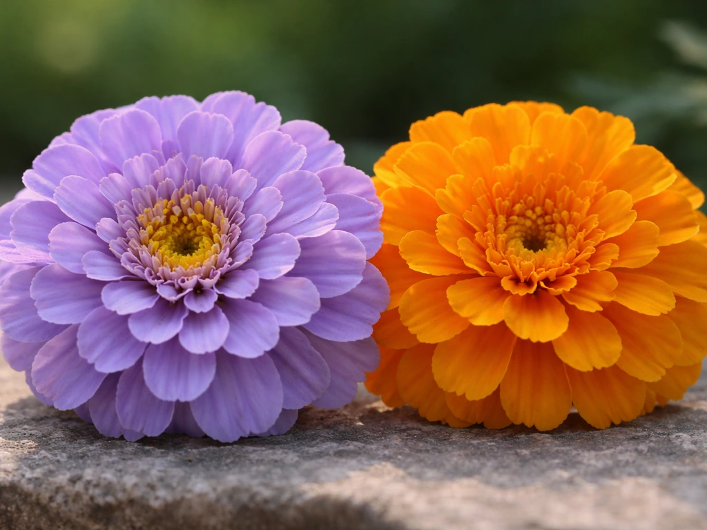 Side-by-side close-up of a purple-blue marigold bloom and a typical orange marigold for color comparison.