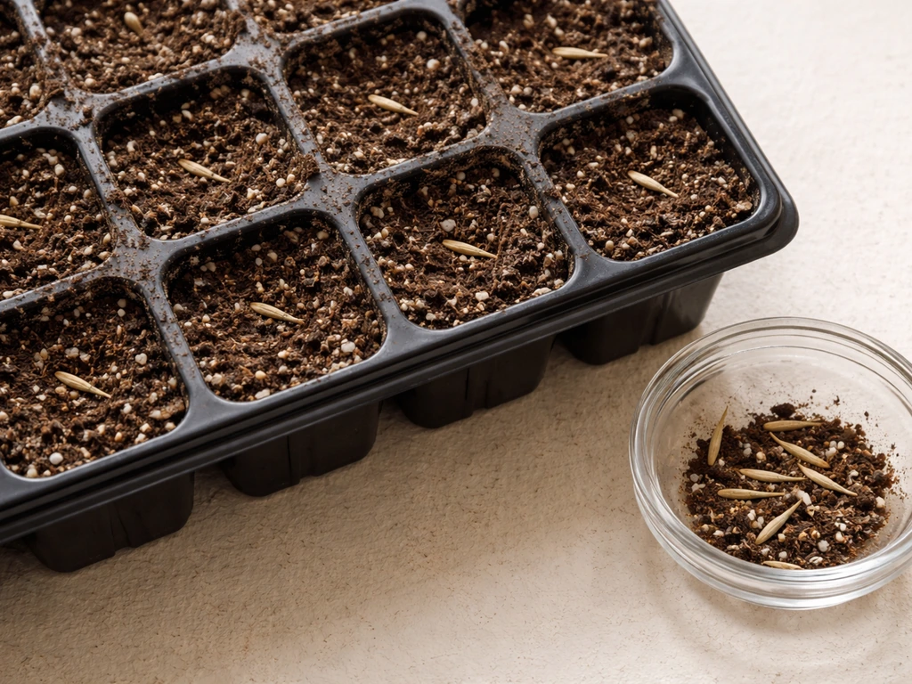 Top-down view of seed-starting cell tray with marigold seeds sown in mix, ready for germination