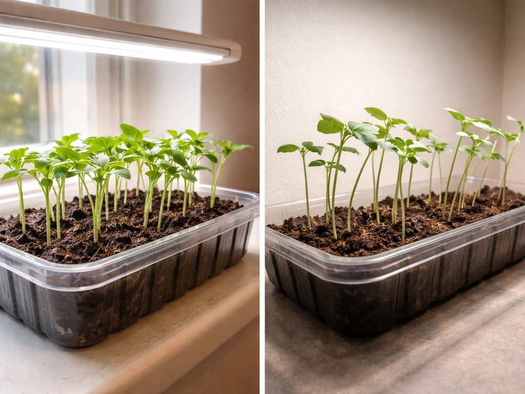Split view of stocky seedlings under a grow light versus leggy, insufficient-light seedlings indoors.