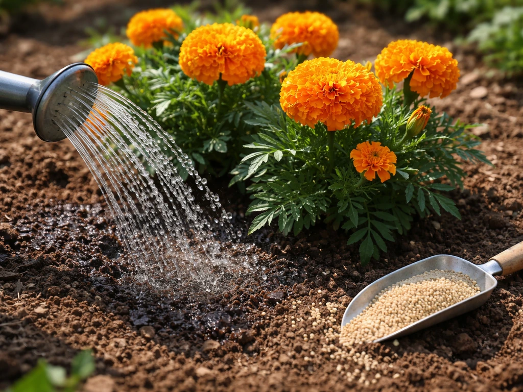 Marigold plants in full sun as a garden hose waters the soil beside them.