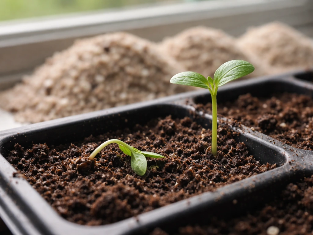 Healthy seedling beside a seedling collapsing at the stem, with fresh sterile seed-starting mix in the background.