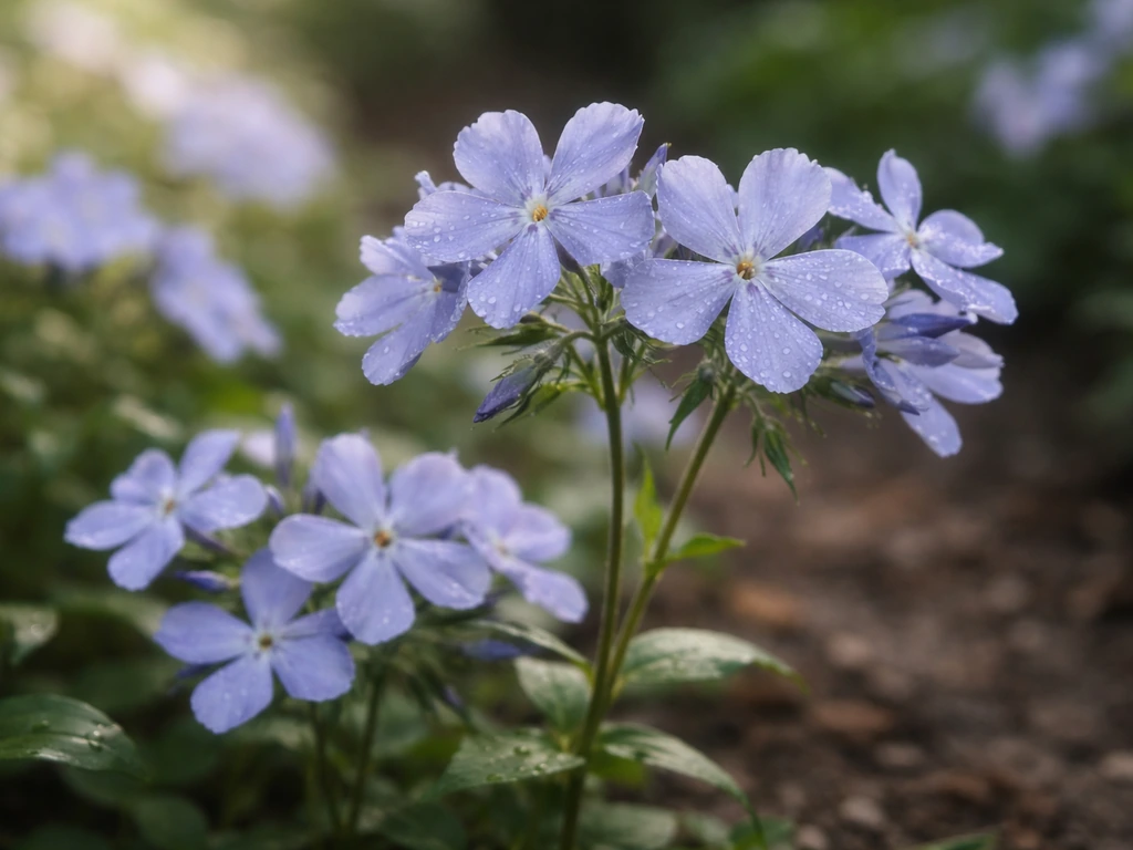 Close-up of blue moon phlox blossoms in soft shade with blurred garden background bokeh.