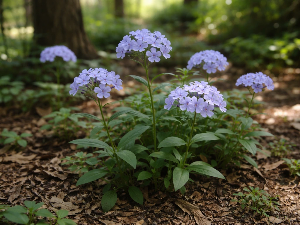 Blue Moon phlox with pale blue flower clusters in a shady woodland garden bed with dappled sunlight