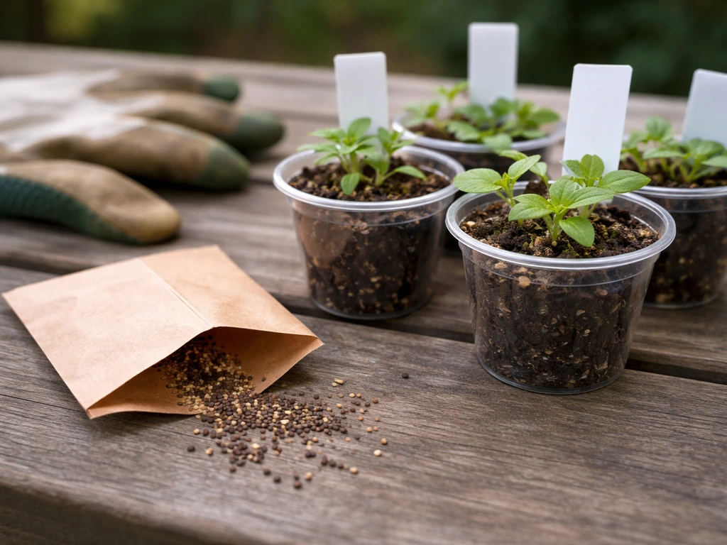 Close-up of tiny blue-flower phlox seeds beside small potted Phlox divaricata ‘Blue Moon’ seedlings, showing confusion