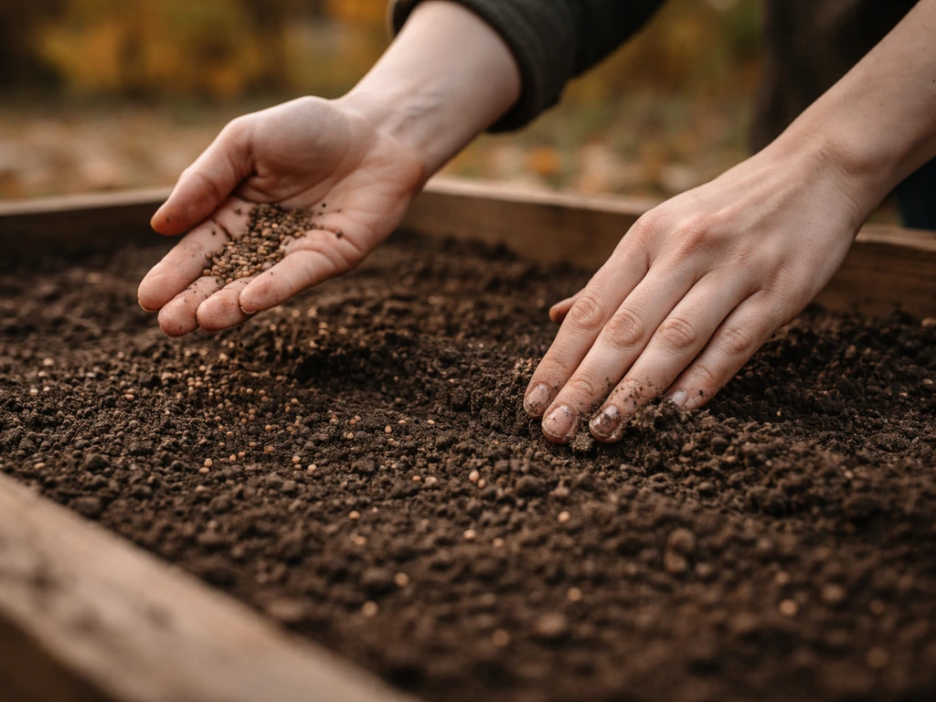 Hands scattering small seeds into a prepared garden bed and covering them with light soil in fall
