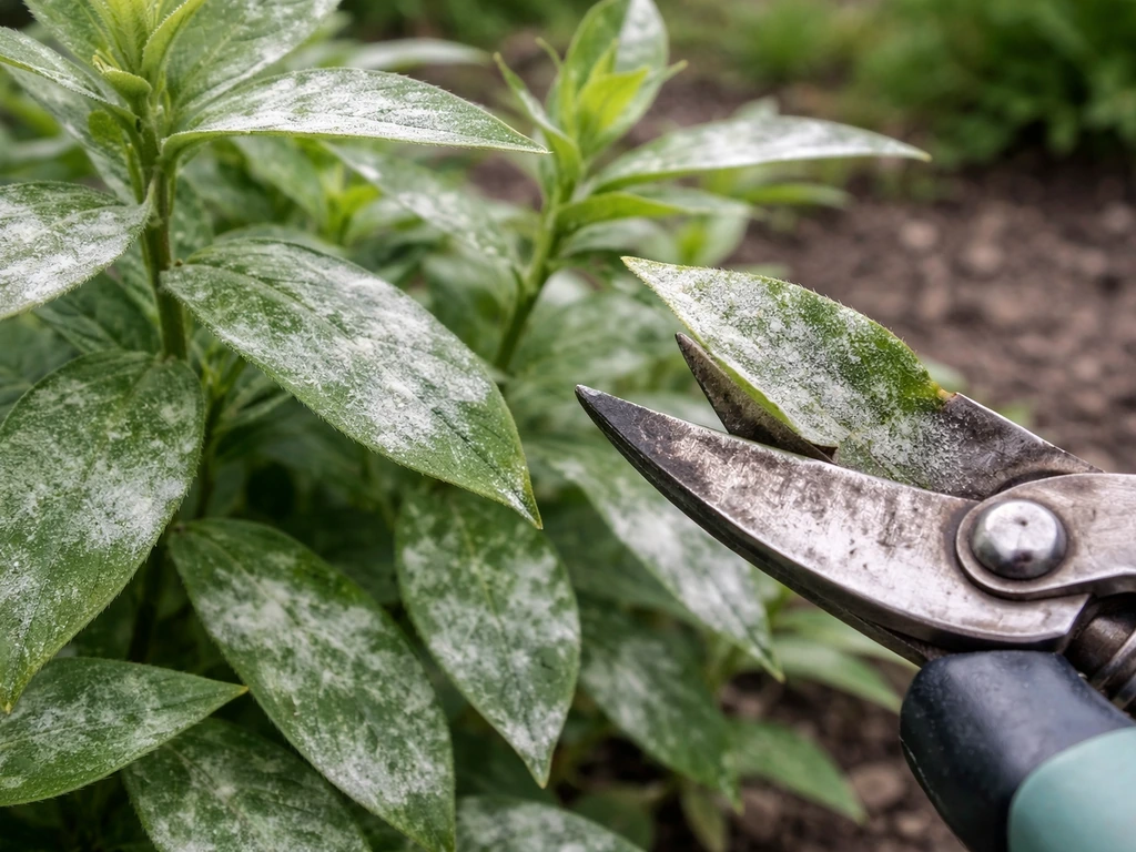 Close-up of phlox leaves with white powdery mildew, pruners cutting back affected growth