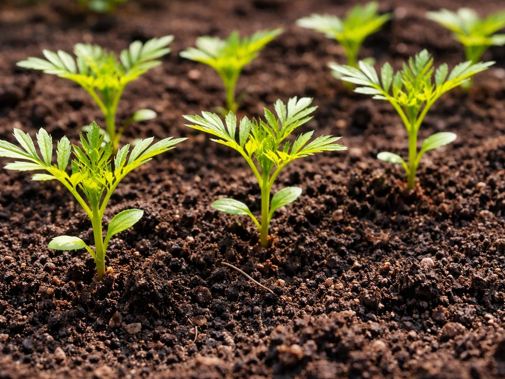 Vibrant marigold seedlings in rich soil under warm sunlight, showing vigorous early growth.