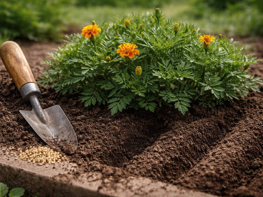 Close-up of compact French marigolds in a small garden bed with early-spring sowing setup