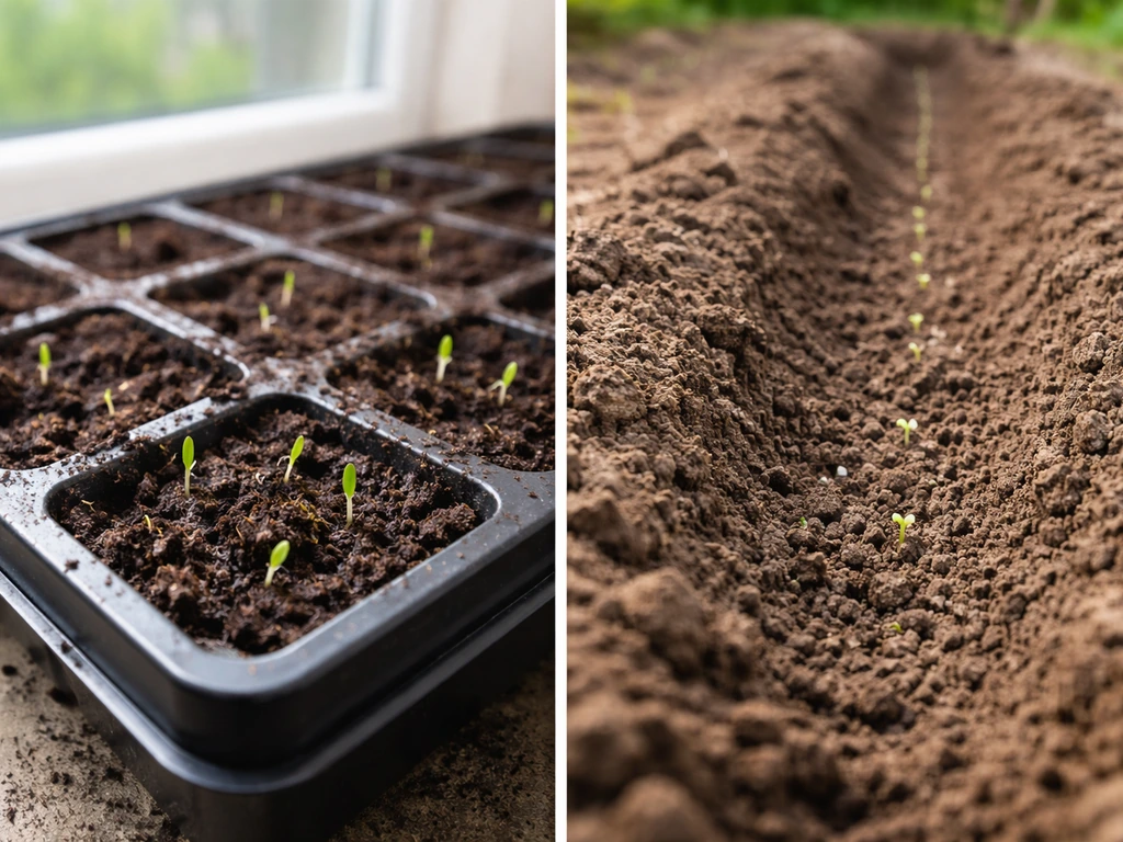 Indoor seed tray with early sprouts beside an outdoor garden bed with just-sown seeds