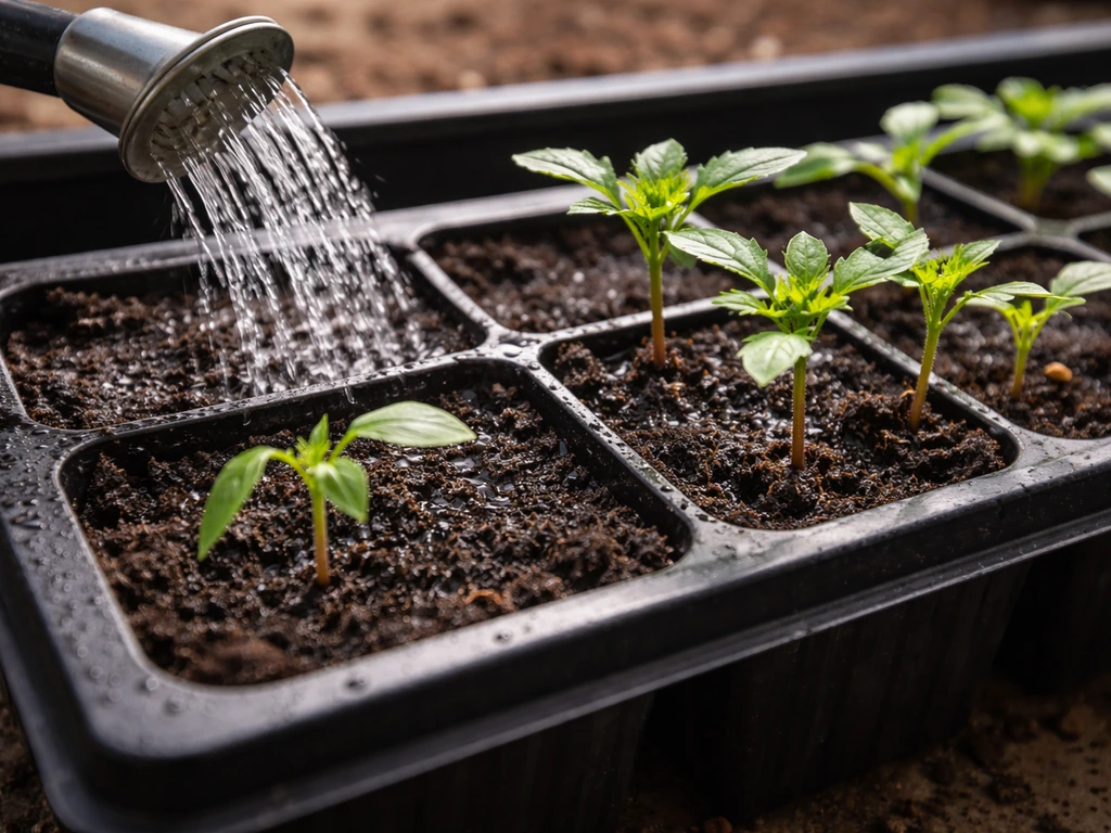 Close-up of marigold seedling tray being watered: moist but not waterlogged soil and healthy seedlings
