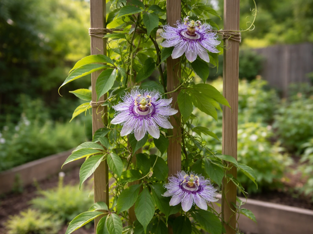 Maypop passionflower vine climbing a trellis, blooming purple-and-white flowers with surrounding green foliage.