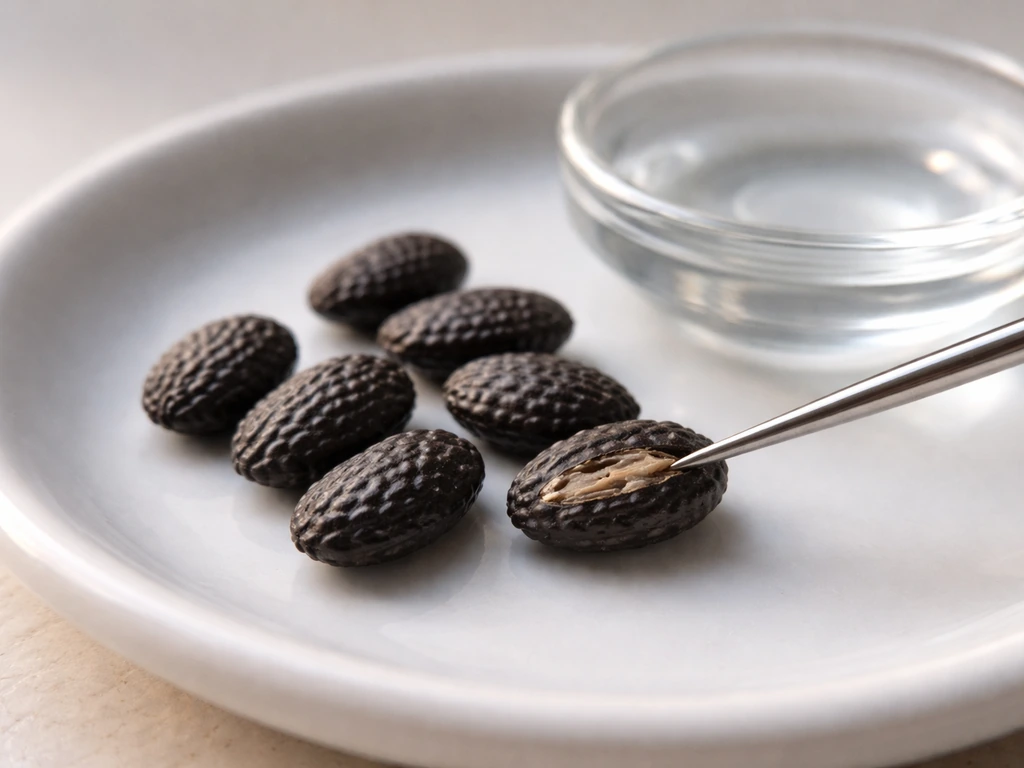 Close-up of maypop seeds being scarified with a needle tip beside a small dish of water
