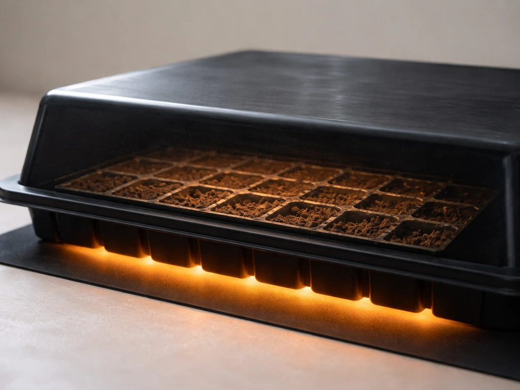Seedling trays of small pots on a warm heat mat, covered with a dark dome to keep darkness and moisture
