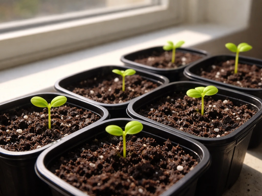 Fresh maypop seedlings in small pots under bright window light right after germination