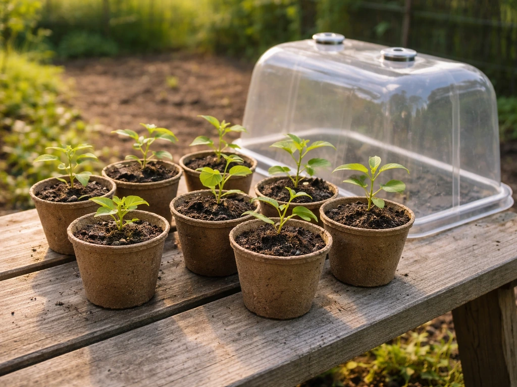 Maypop seedlings in small pots outdoors in partial shade, set up to acclimate to sun and air.