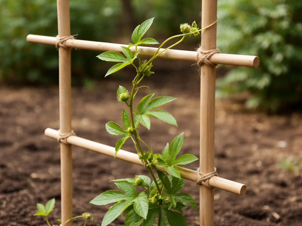 Close-up of a maypop vine tendrils trained onto a wooden trellis with tidy new growth.