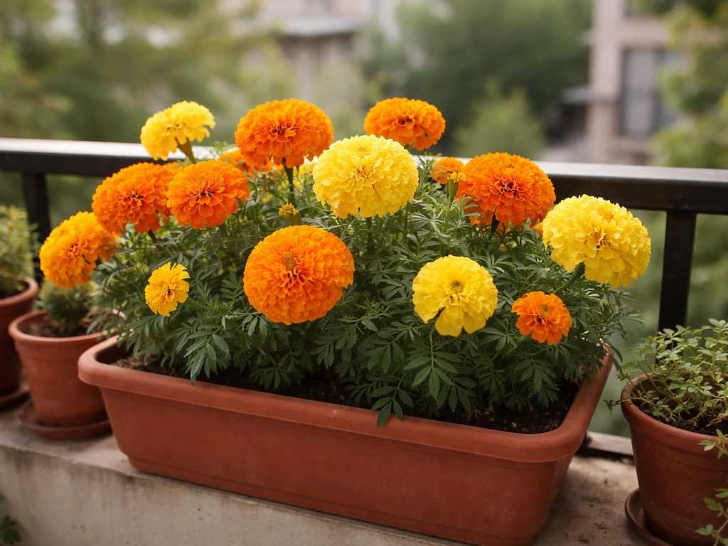 Chamanthi (marigold) flowers in full bloom on a home balcony, ready for harvesting