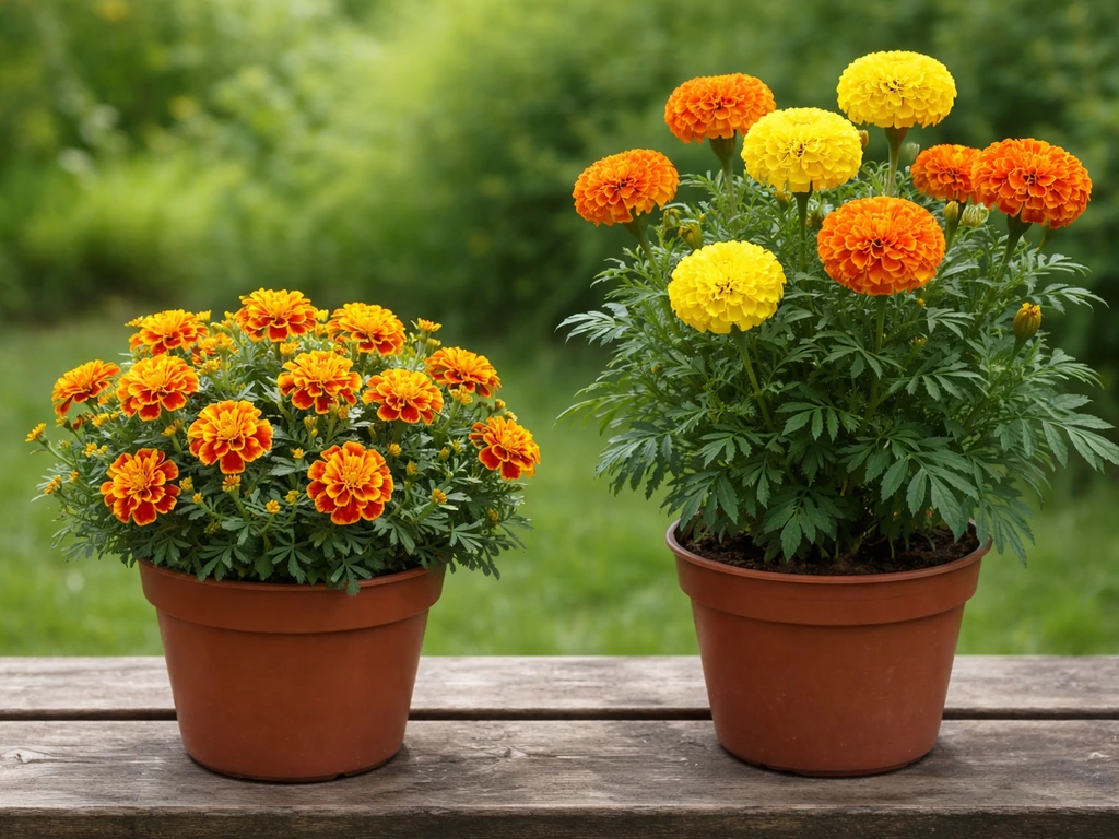 Two potted marigolds—French marigold small and bushy beside African marigold taller and fuller—on a garden bench.