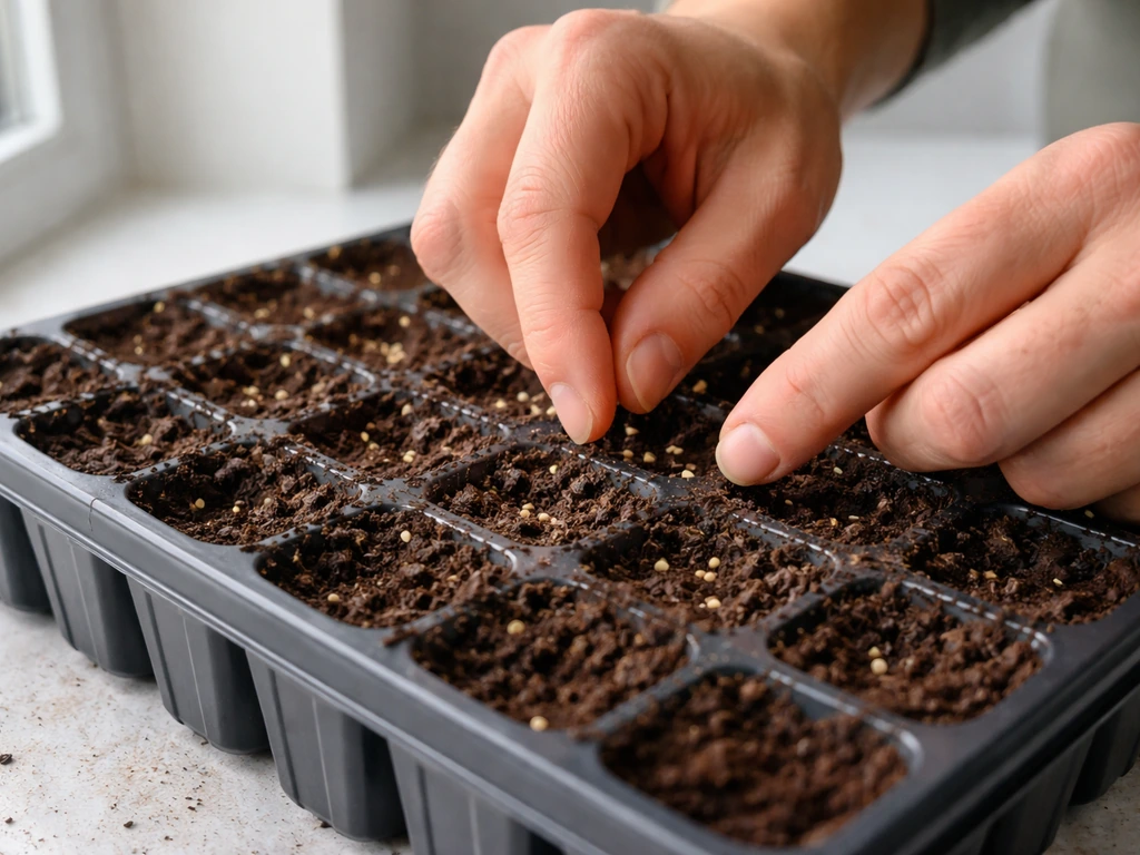 Hands placing seeds into shallow cells of a seed-starting tray with moist soil