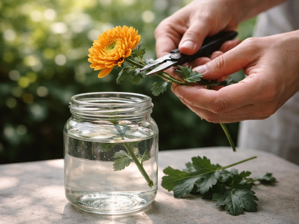 Hands harvesting chamanthi blooms just opening and placing trimmed stems in cool water vase