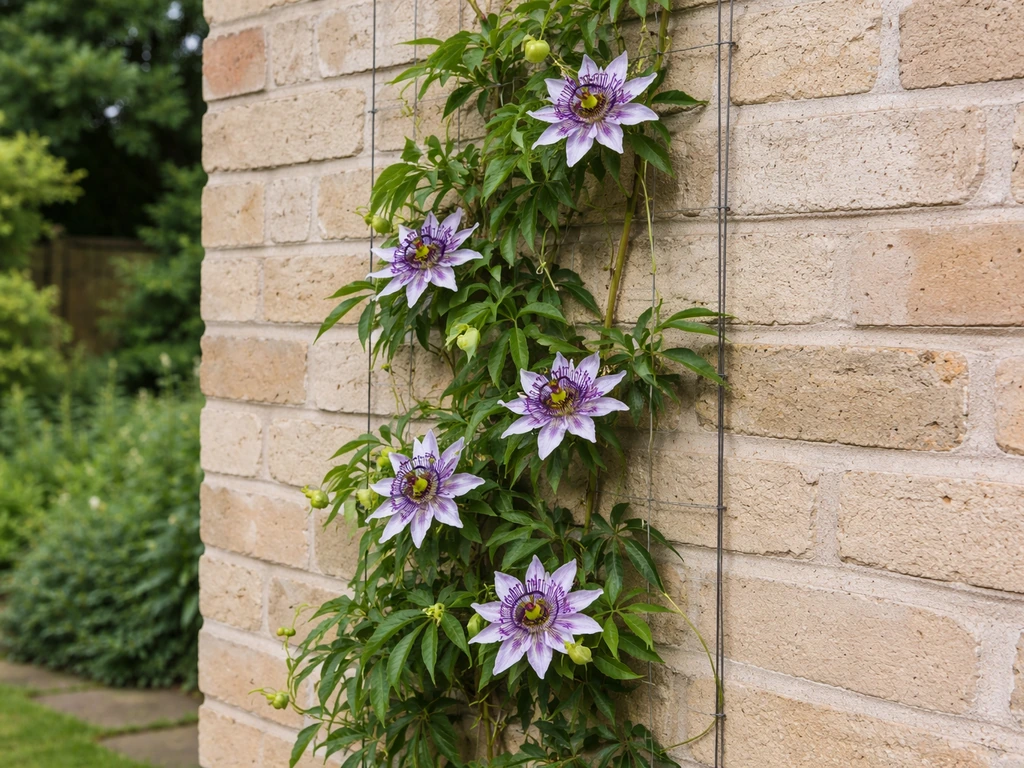 Passion flower vine with vivid blooms climbing a UK garden wall supported by a simple frame