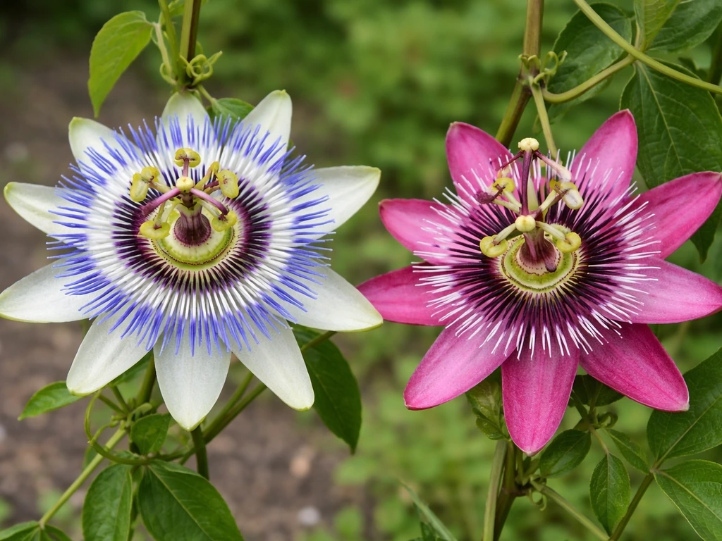 Close-up of two passionflower varieties in a garden, one blue and one darker contrasting bloom.